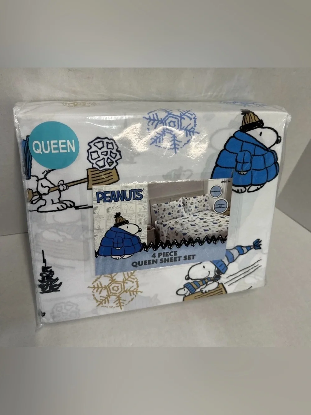 Brand New Peanuts Snoopy Winter Queen Bed Sheets 4 Piece Set Snoopy & Woodstock